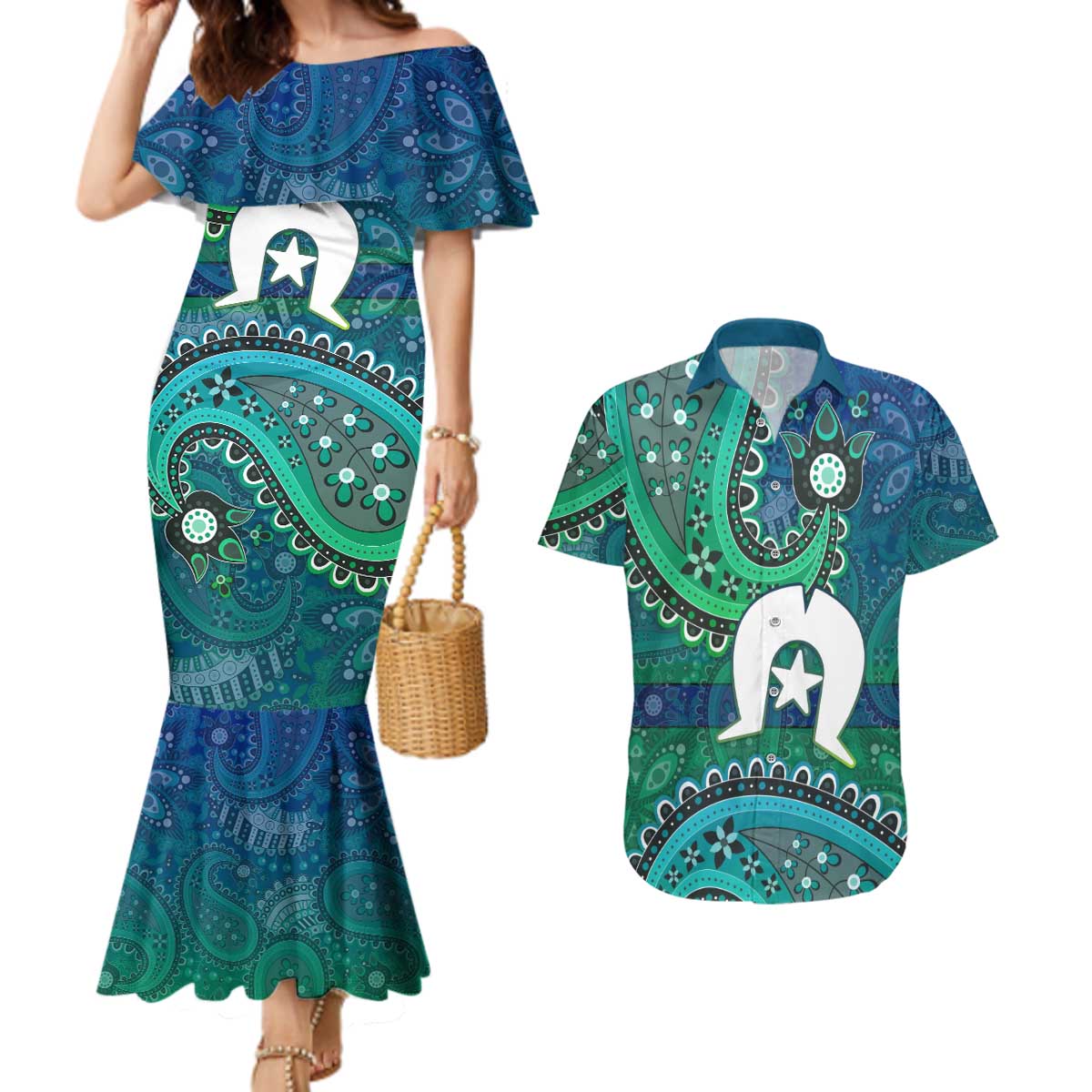 Torres Strait Islands Couples Matching Mermaid Dress and Hawaiian Shirt Dhari Emblem Vibrant Teal Indigenous