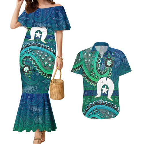 Torres Strait Islands Couples Matching Mermaid Dress and Hawaiian Shirt Dhari Emblem Vibrant Teal Indigenous