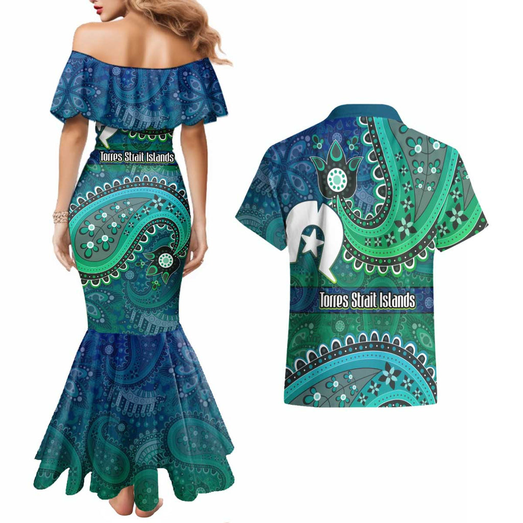 Torres Strait Islands Couples Matching Mermaid Dress and Hawaiian Shirt Dhari Emblem Vibrant Teal Indigenous