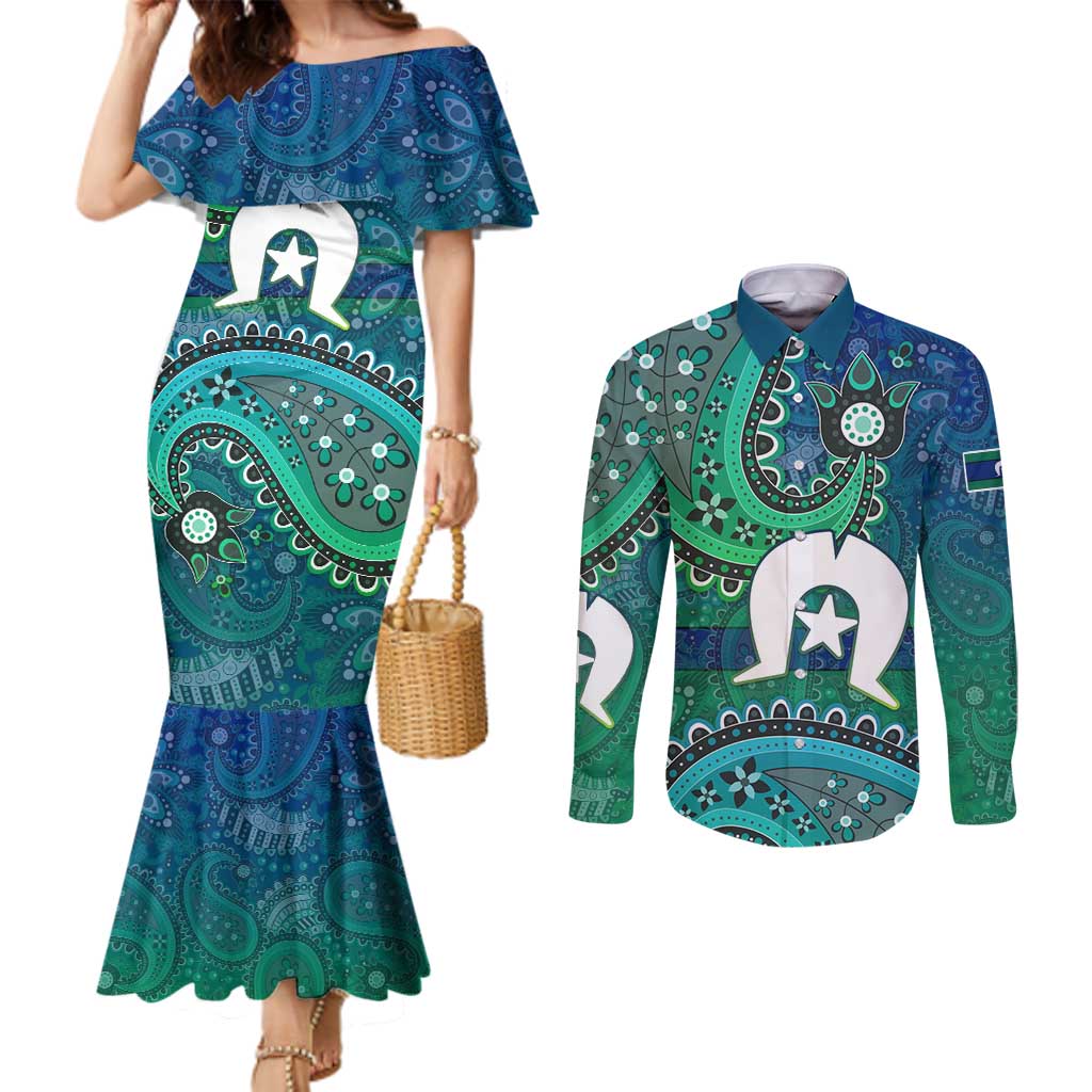 Torres Strait Islands Couples Matching Mermaid Dress and Long Sleeve Button Shirt Dhari Emblem Vibrant Teal Indigenous