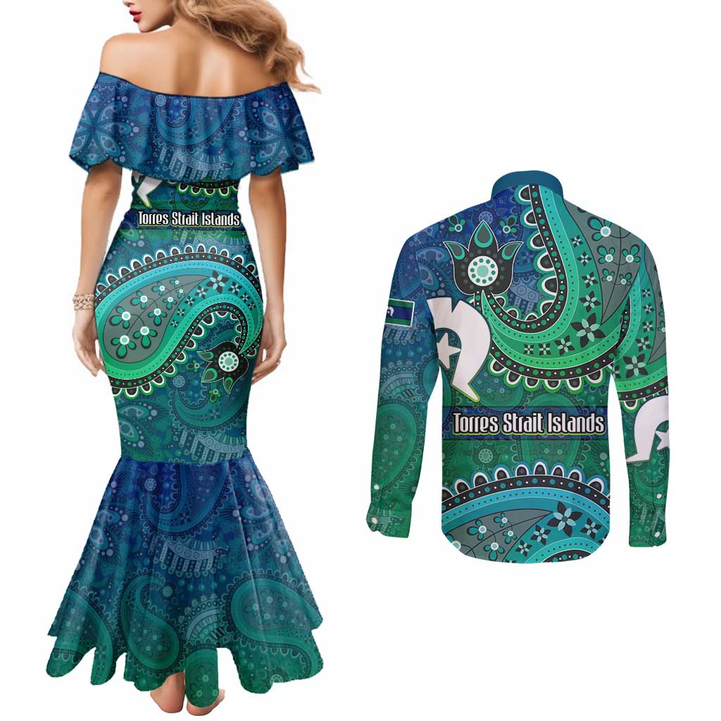 Torres Strait Islands Couples Matching Mermaid Dress and Long Sleeve Button Shirt Dhari Emblem Vibrant Teal Indigenous
