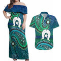 Torres Strait Islands Couples Matching Off Shoulder Maxi Dress and Hawaiian Shirt Dhari Emblem Vibrant Teal Indigenous