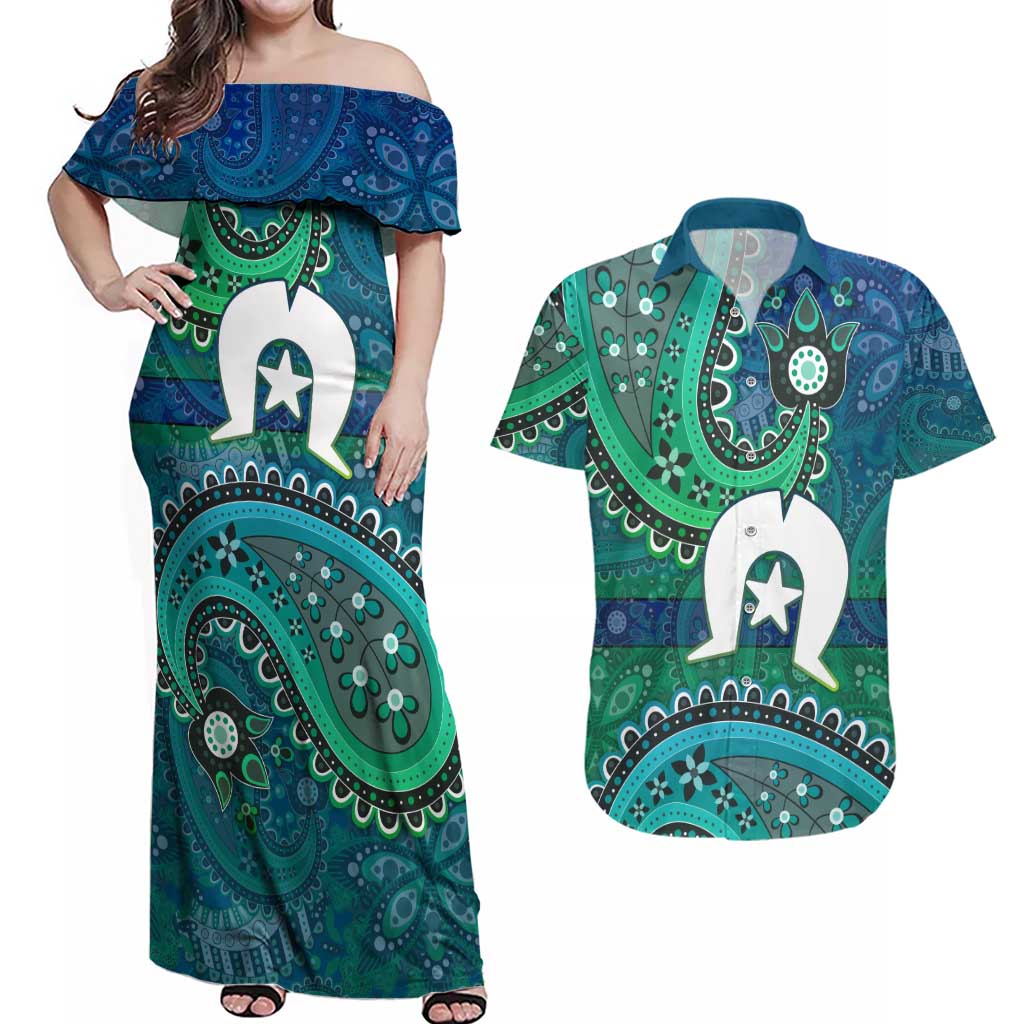 Torres Strait Islands Couples Matching Off Shoulder Maxi Dress and Hawaiian Shirt Dhari Emblem Vibrant Teal Indigenous