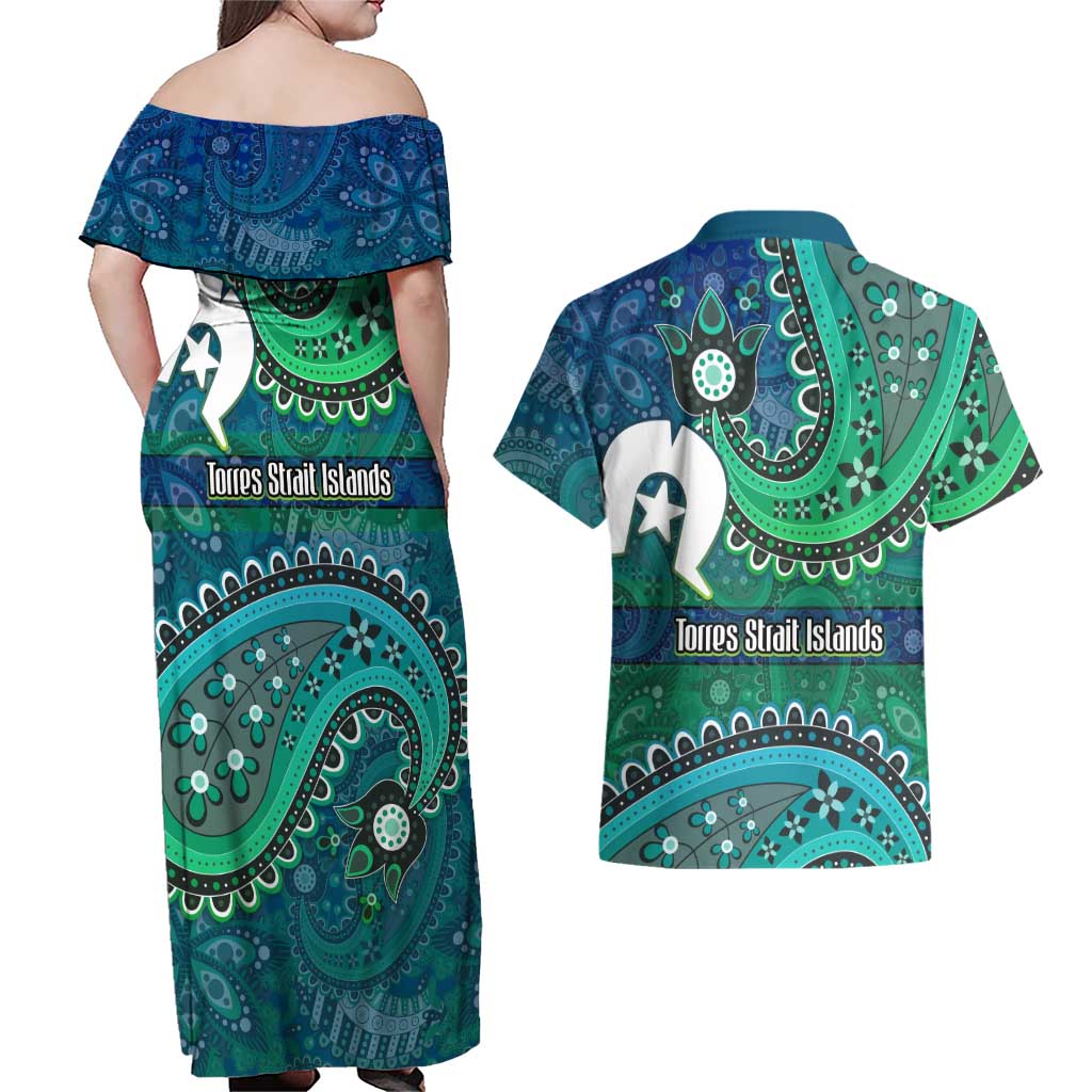 Torres Strait Islands Couples Matching Off Shoulder Maxi Dress and Hawaiian Shirt Dhari Emblem Vibrant Teal Indigenous