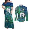 Torres Strait Islands Couples Matching Off Shoulder Maxi Dress and Long Sleeve Button Shirt Dhari Emblem Vibrant Teal Indigenous