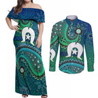 Torres Strait Islands Couples Matching Off Shoulder Maxi Dress and Long Sleeve Button Shirt Dhari Emblem Vibrant Teal Indigenous