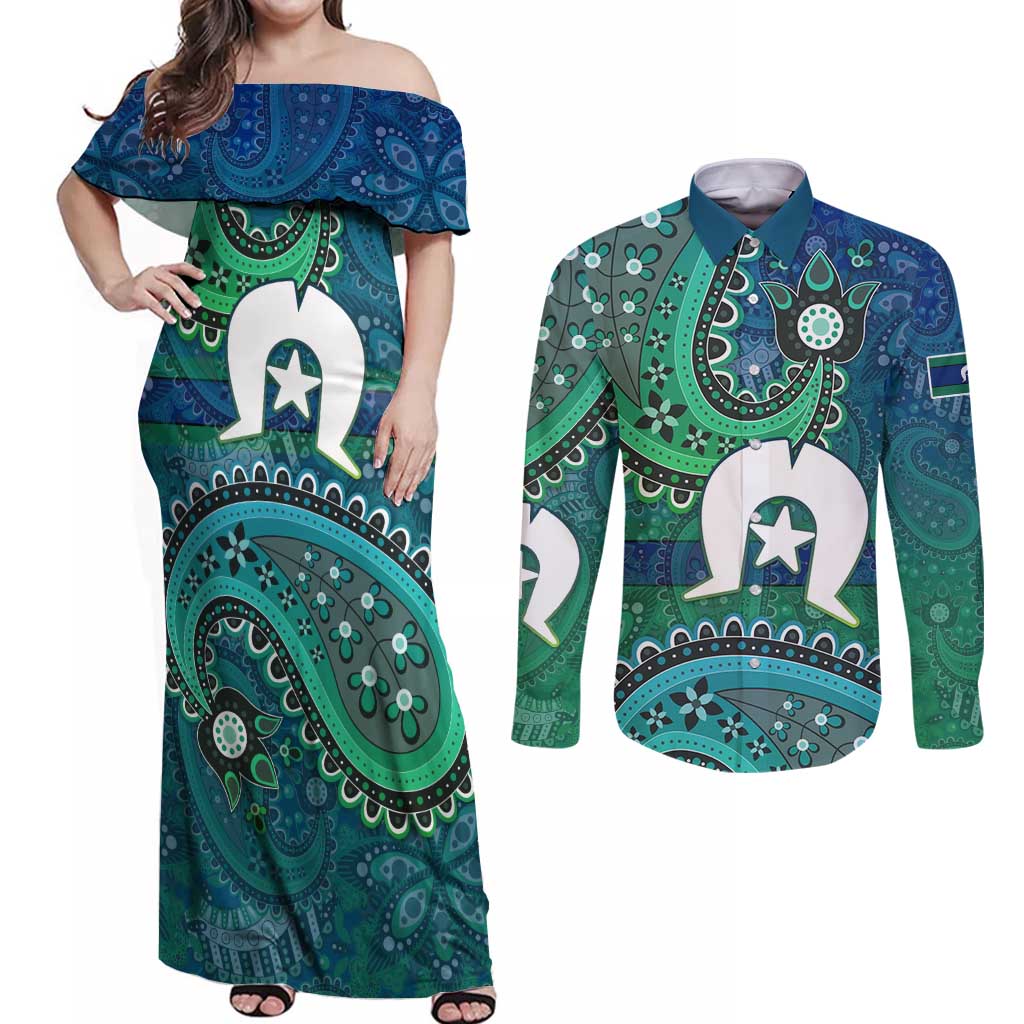 Torres Strait Islands Couples Matching Off Shoulder Maxi Dress and Long Sleeve Button Shirt Dhari Emblem Vibrant Teal Indigenous