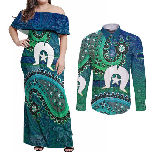 Torres Strait Islands Couples Matching Off Shoulder Maxi Dress and Long Sleeve Button Shirt Dhari Emblem Vibrant Teal Indigenous