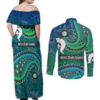 Torres Strait Islands Couples Matching Off Shoulder Maxi Dress and Long Sleeve Button Shirt Dhari Emblem Vibrant Teal Indigenous