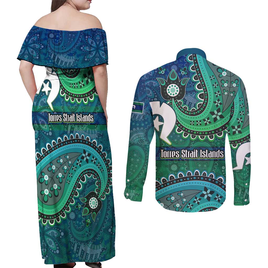 Torres Strait Islands Couples Matching Off Shoulder Maxi Dress and Long Sleeve Button Shirt Dhari Emblem Vibrant Teal Indigenous