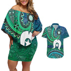 Torres Strait Islands Couples Matching Off Shoulder Short Dress and Hawaiian Shirt Dhari Emblem Vibrant Teal Indigenous