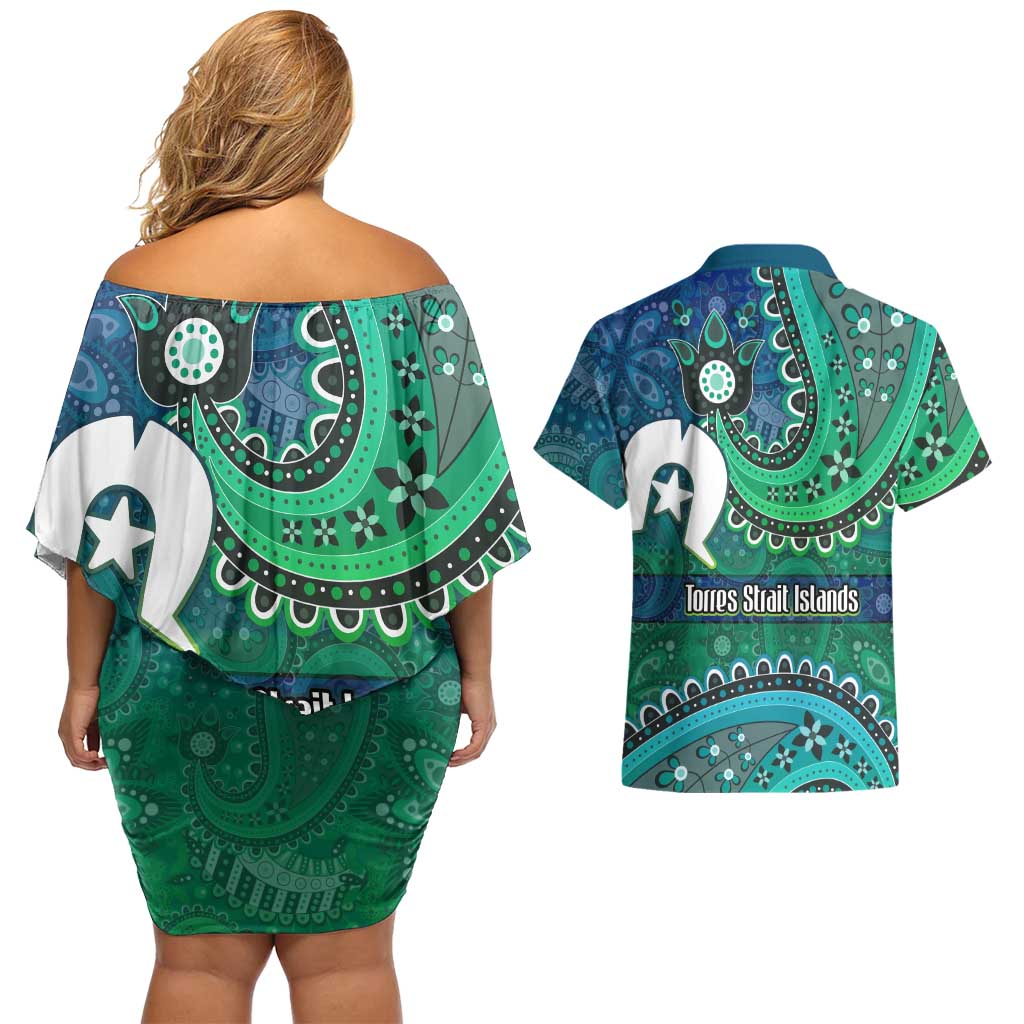 Torres Strait Islands Couples Matching Off Shoulder Short Dress and Hawaiian Shirt Dhari Emblem Vibrant Teal Indigenous