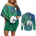 Torres Strait Islands Couples Matching Off Shoulder Short Dress and Long Sleeve Button Shirt Dhari Emblem Vibrant Teal Indigenous