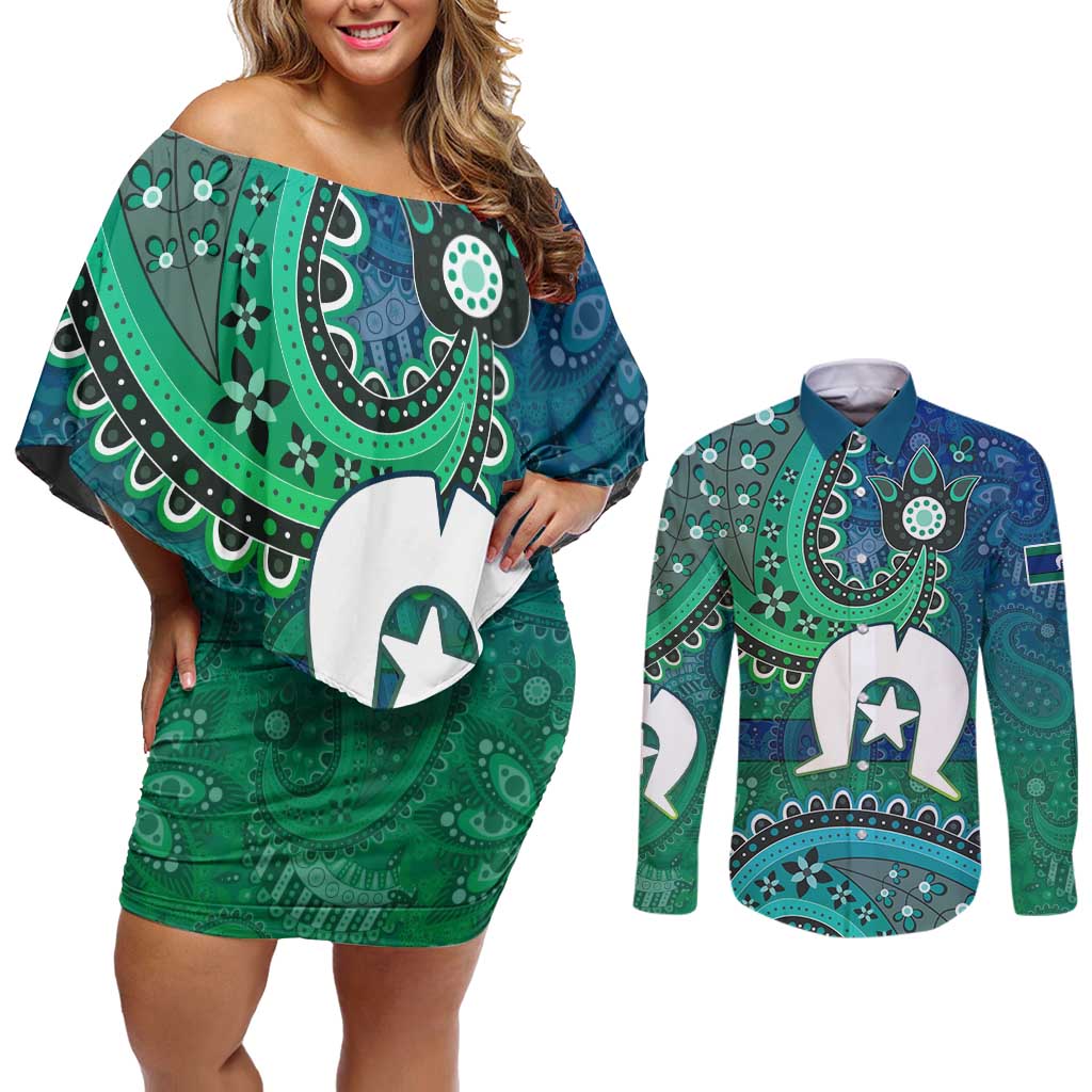 Torres Strait Islands Couples Matching Off Shoulder Short Dress and Long Sleeve Button Shirt Dhari Emblem Vibrant Teal Indigenous