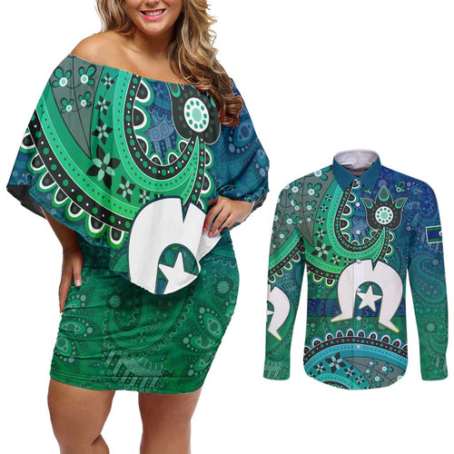 Torres Strait Islands Couples Matching Off Shoulder Short Dress and Long Sleeve Button Shirt Dhari Emblem Vibrant Teal Indigenous