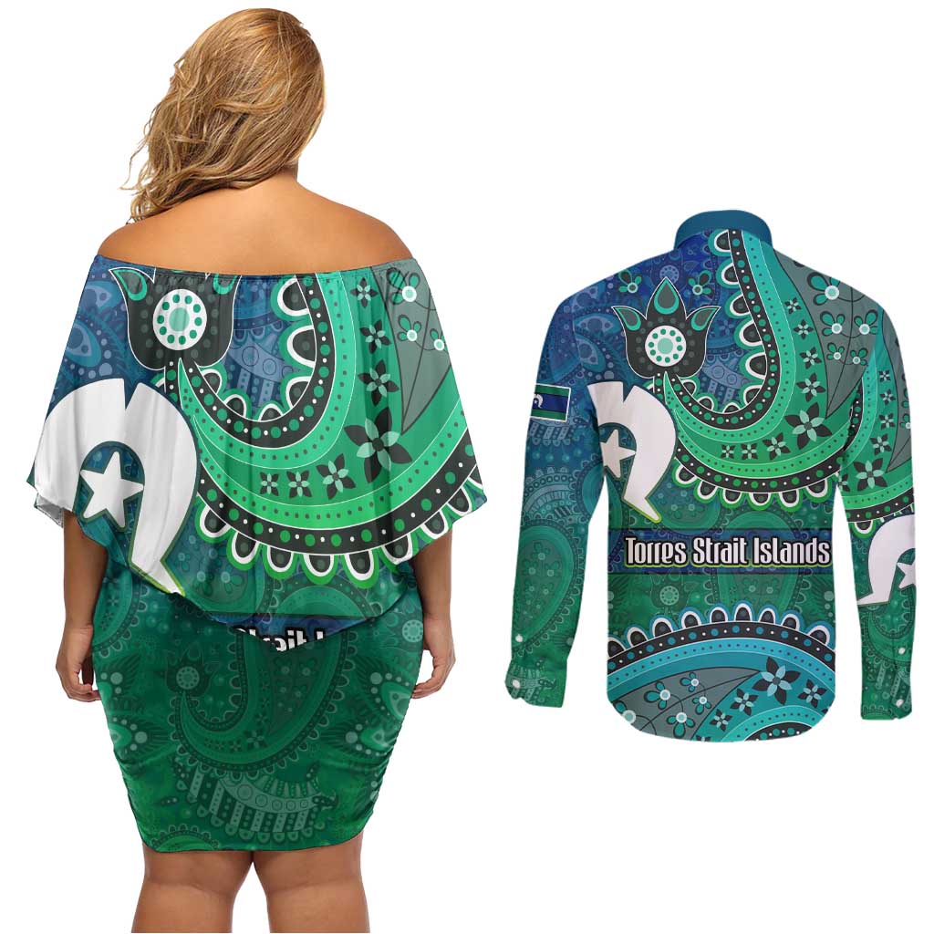 Torres Strait Islands Couples Matching Off Shoulder Short Dress and Long Sleeve Button Shirt Dhari Emblem Vibrant Teal Indigenous
