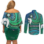 Torres Strait Islands Couples Matching Off Shoulder Short Dress and Long Sleeve Button Shirt Dhari Emblem Vibrant Teal Indigenous