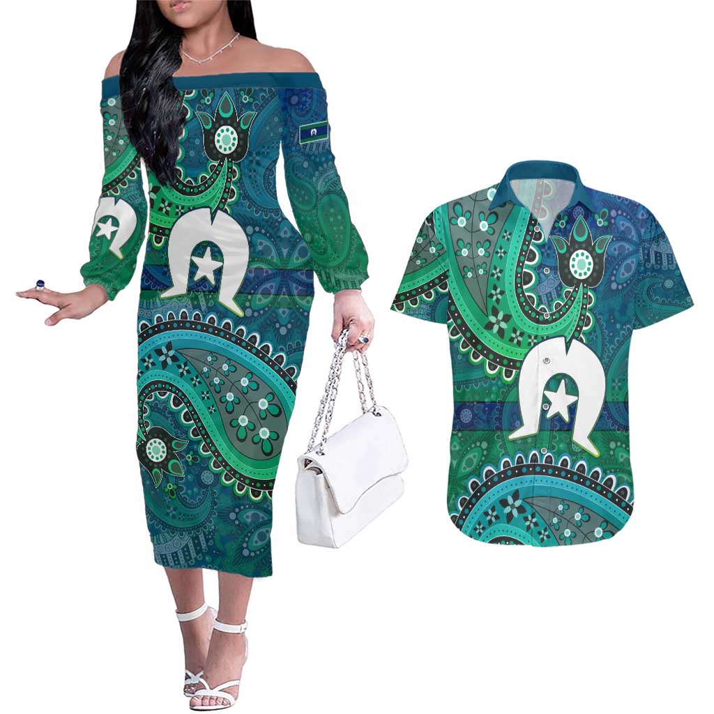 Torres Strait Islands Couples Matching Off The Shoulder Long Sleeve Dress and Hawaiian Shirt Dhari Emblem Vibrant Teal Indigenous
