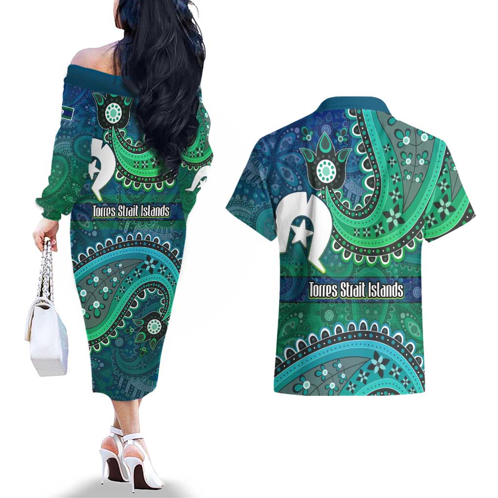 Torres Strait Islands Couples Matching Off The Shoulder Long Sleeve Dress and Hawaiian Shirt Dhari Emblem Vibrant Teal Indigenous