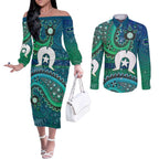 Torres Strait Islands Couples Matching Off The Shoulder Long Sleeve Dress and Long Sleeve Button Shirt Dhari Emblem Vibrant Teal Indigenous