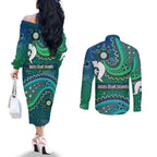 Torres Strait Islands Couples Matching Off The Shoulder Long Sleeve Dress and Long Sleeve Button Shirt Dhari Emblem Vibrant Teal Indigenous