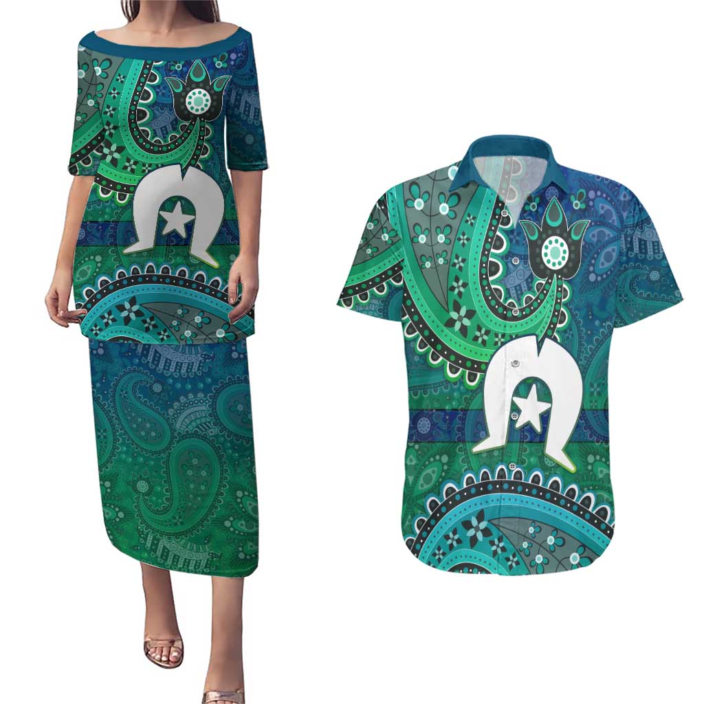 Torres Strait Islands Couples Matching Puletasi and Hawaiian Shirt Dhari Emblem Vibrant Teal Indigenous
