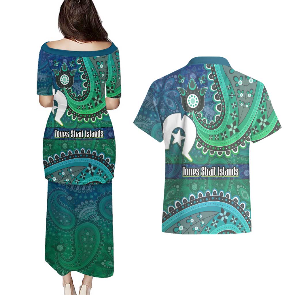 Torres Strait Islands Couples Matching Puletasi and Hawaiian Shirt Dhari Emblem Vibrant Teal Indigenous