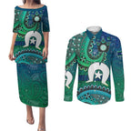 Torres Strait Islands Couples Matching Puletasi and Long Sleeve Button Shirt Dhari Emblem Vibrant Teal Indigenous