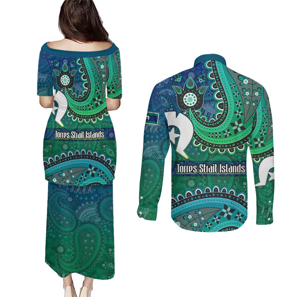 Torres Strait Islands Couples Matching Puletasi and Long Sleeve Button Shirt Dhari Emblem Vibrant Teal Indigenous