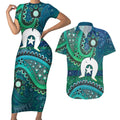 Torres Strait Islands Couples Matching Short Sleeve Bodycon Dress and Hawaiian Shirt Dhari Emblem Vibrant Teal Indigenous