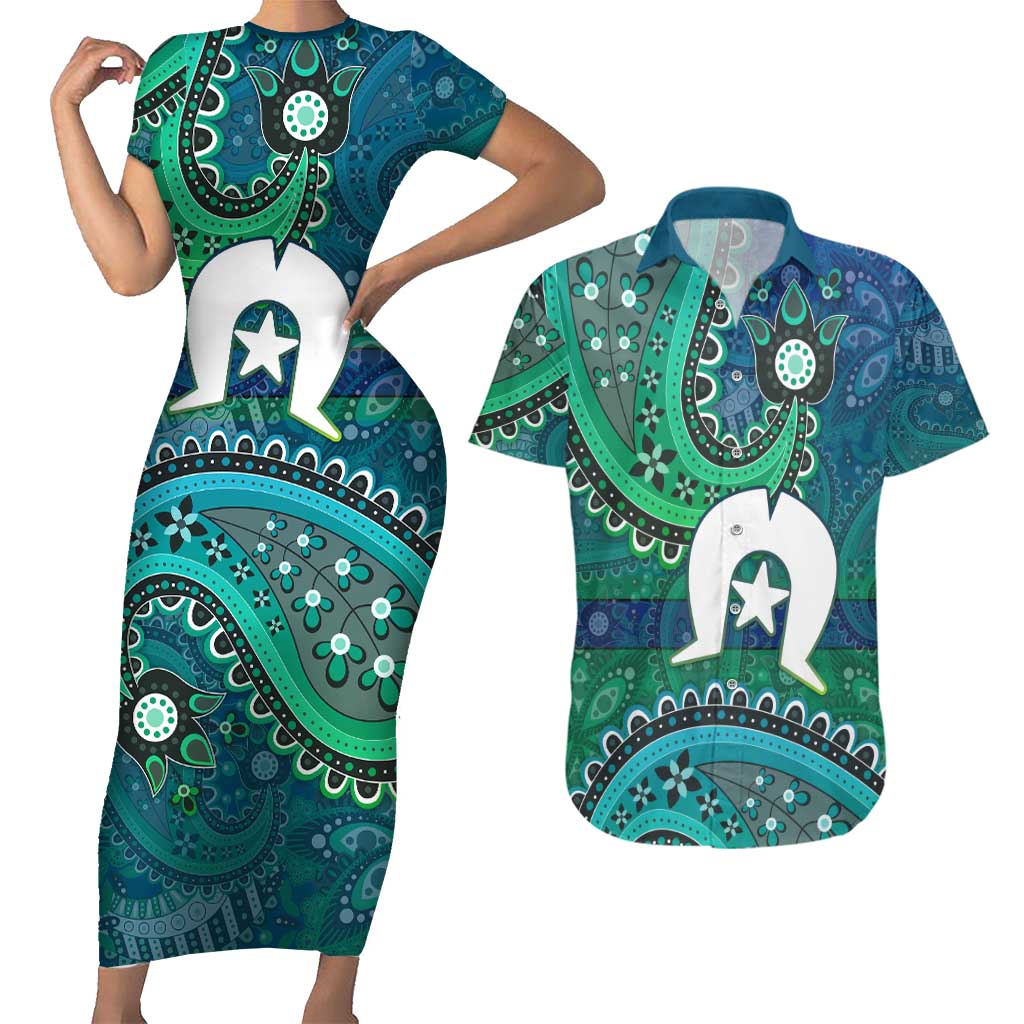 Torres Strait Islands Couples Matching Short Sleeve Bodycon Dress and Hawaiian Shirt Dhari Emblem Vibrant Teal Indigenous