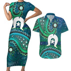 Torres Strait Islands Couples Matching Short Sleeve Bodycon Dress and Hawaiian Shirt Dhari Emblem Vibrant Teal Indigenous