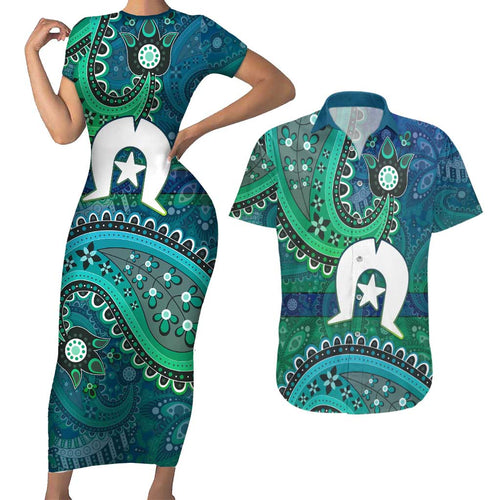 Torres Strait Islands Couples Matching Short Sleeve Bodycon Dress and Hawaiian Shirt Dhari Emblem Vibrant Teal Indigenous