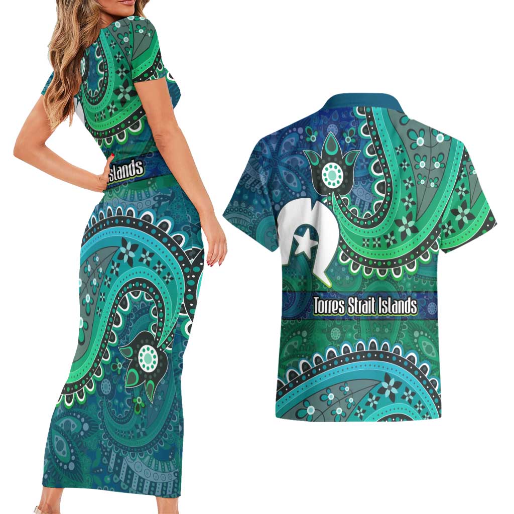 Torres Strait Islands Couples Matching Short Sleeve Bodycon Dress and Hawaiian Shirt Dhari Emblem Vibrant Teal Indigenous