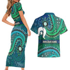 Torres Strait Islands Couples Matching Short Sleeve Bodycon Dress and Hawaiian Shirt Dhari Emblem Vibrant Teal Indigenous