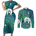Torres Strait Islands Couples Matching Short Sleeve Bodycon Dress and Long Sleeve Button Shirt Dhari Emblem Vibrant Teal Indigenous