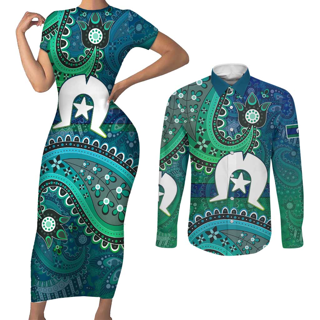 Torres Strait Islands Couples Matching Short Sleeve Bodycon Dress and Long Sleeve Button Shirt Dhari Emblem Vibrant Teal Indigenous