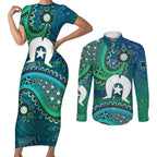 Torres Strait Islands Couples Matching Short Sleeve Bodycon Dress and Long Sleeve Button Shirt Dhari Emblem Vibrant Teal Indigenous
