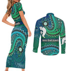 Torres Strait Islands Couples Matching Short Sleeve Bodycon Dress and Long Sleeve Button Shirt Dhari Emblem Vibrant Teal Indigenous