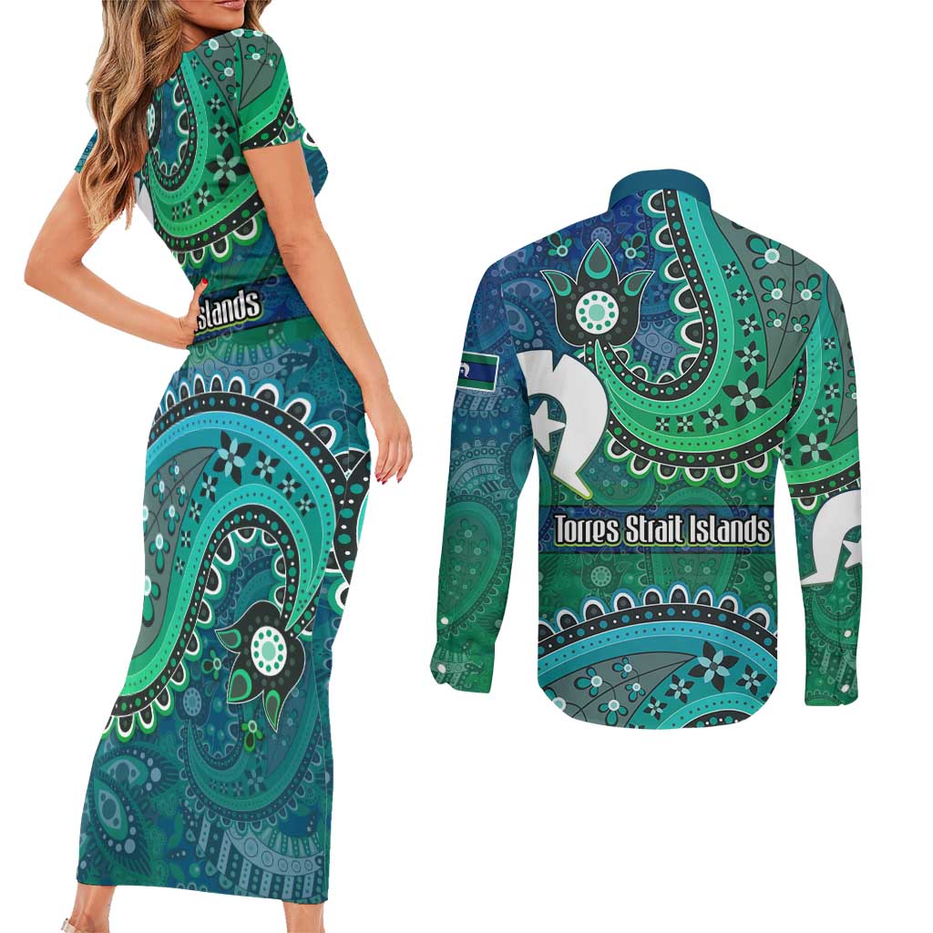 Torres Strait Islands Couples Matching Short Sleeve Bodycon Dress and Long Sleeve Button Shirt Dhari Emblem Vibrant Teal Indigenous