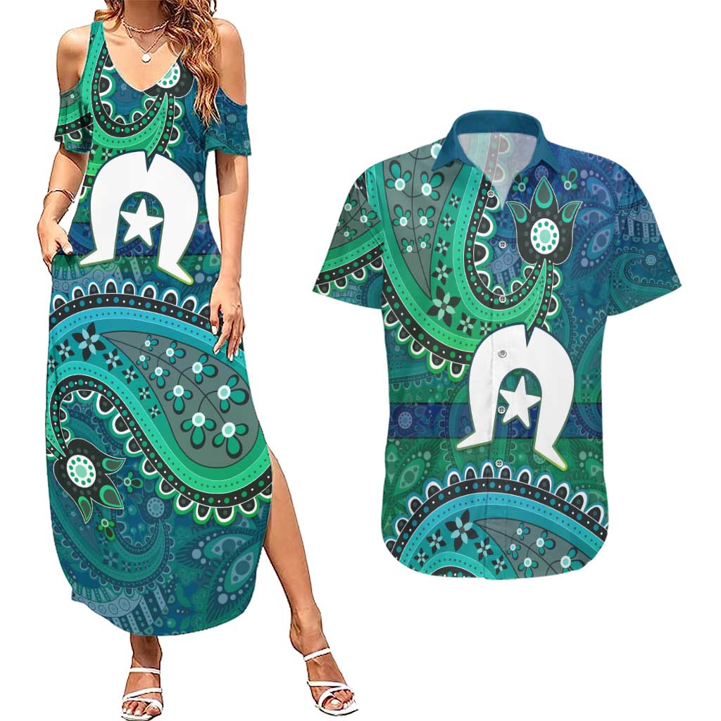 Torres Strait Islands Couples Matching Summer Maxi Dress and Hawaiian Shirt Dhari Emblem Vibrant Teal Indigenous