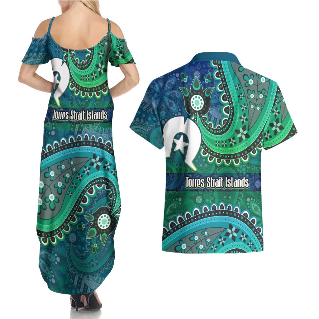 Torres Strait Islands Couples Matching Summer Maxi Dress and Hawaiian Shirt Dhari Emblem Vibrant Teal Indigenous