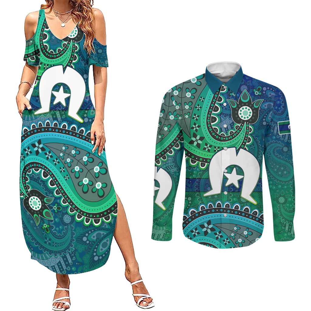 Torres Strait Islands Couples Matching Summer Maxi Dress and Long Sleeve Button Shirt Dhari Emblem Vibrant Teal Indigenous