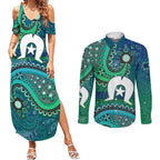 Torres Strait Islands Couples Matching Summer Maxi Dress and Long Sleeve Button Shirt Dhari Emblem Vibrant Teal Indigenous