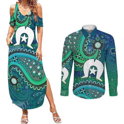 Torres Strait Islands Couples Matching Summer Maxi Dress and Long Sleeve Button Shirt Dhari Emblem Vibrant Teal Indigenous