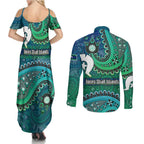 Torres Strait Islands Couples Matching Summer Maxi Dress and Long Sleeve Button Shirt Dhari Emblem Vibrant Teal Indigenous
