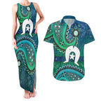 Torres Strait Islands Couples Matching Tank Maxi Dress and Hawaiian Shirt Dhari Emblem Vibrant Teal Indigenous