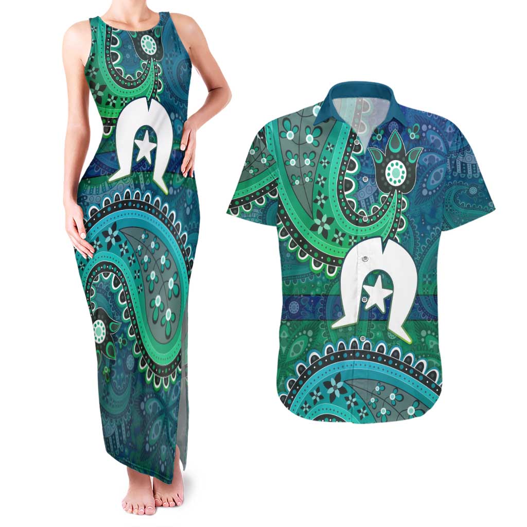 Torres Strait Islands Couples Matching Tank Maxi Dress and Hawaiian Shirt Dhari Emblem Vibrant Teal Indigenous