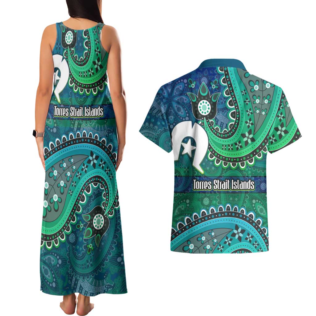 Torres Strait Islands Couples Matching Tank Maxi Dress and Hawaiian Shirt Dhari Emblem Vibrant Teal Indigenous
