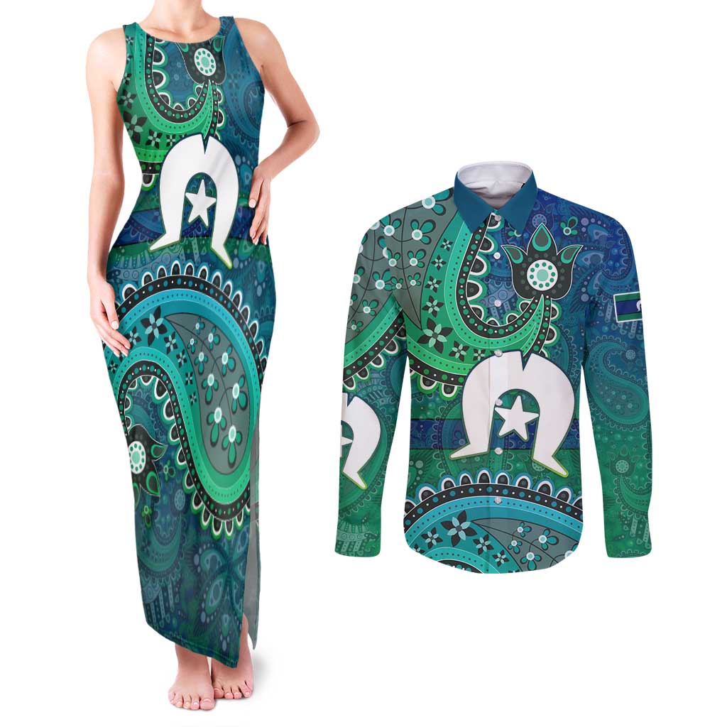 Torres Strait Islands Couples Matching Tank Maxi Dress and Long Sleeve Button Shirt Dhari Emblem Vibrant Teal Indigenous